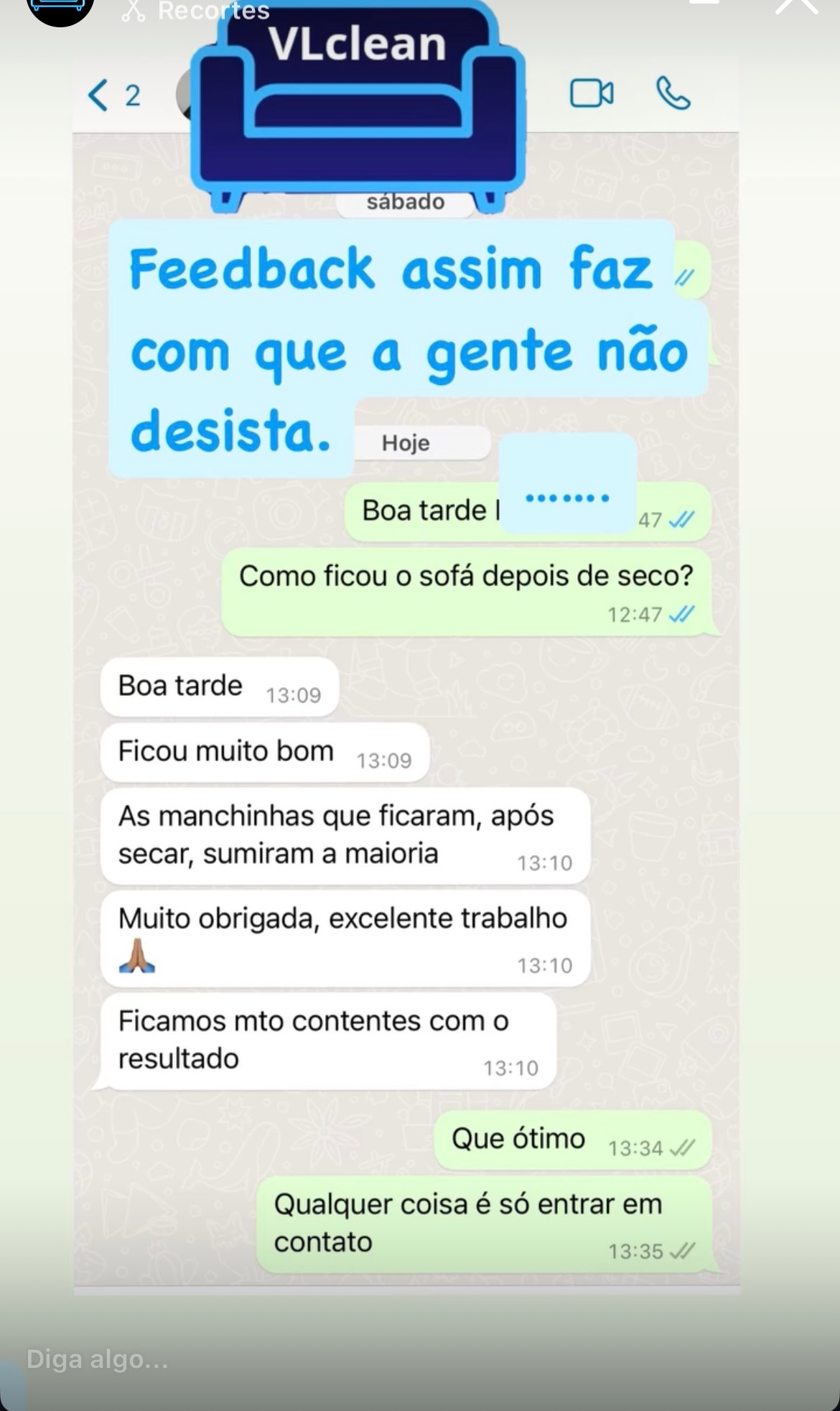 Feedback de cliente satisfeito no WhatsApp - Toque para ler